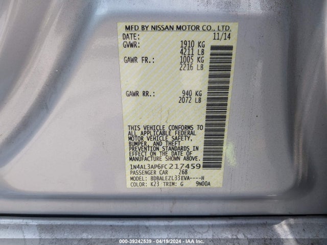 Nissan Altima 2.5 S 2015 1N4AL3AP6FC217459 Image 9