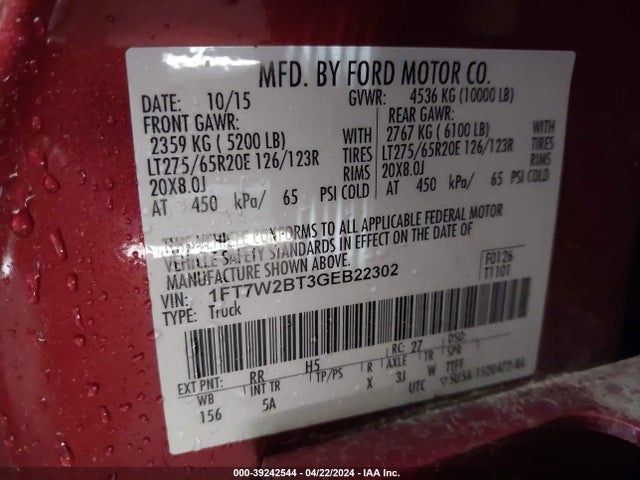 Ford F-250 Lariat 2016 1FT7W2BT3GEB22302 Image 9