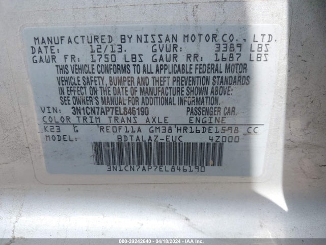Nissan Versa 1.6 S+ 2014 3N1CN7AP7EL846190 Image 9