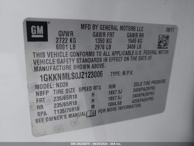 1GKKNMLS0JZ123006 GMC Acadia Slt-1