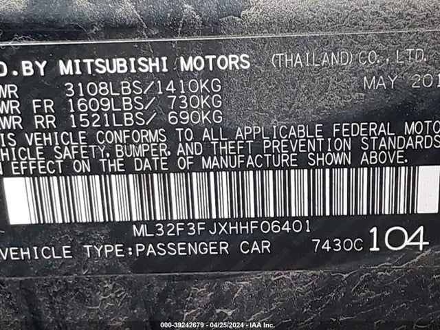 ML32F3FJXHHF06401 Mitsubishi Mirage G4 Es
