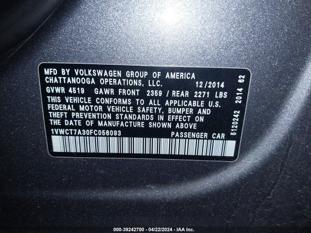 1VWCT7A30FC056093 Volkswagen Passat 1.8t Sel Premium