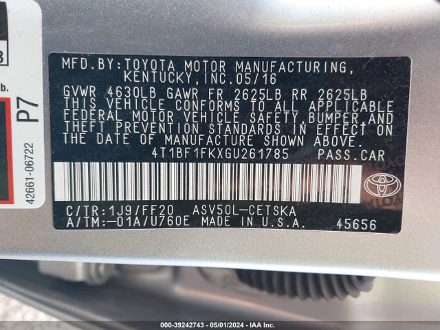 Toyota CAMRY SE 2016 4T1BF1FKXGU261785 Image 9