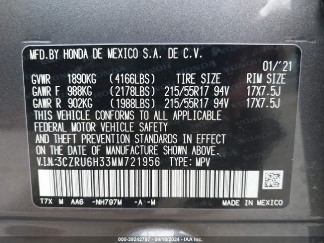 3CZRU6H33MM721956 Honda Hr-v Awd Lx