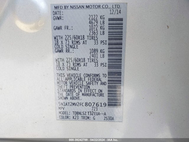 Nissan Rogue Sl 2015 5N1AT2MV2FC807619 Image 9