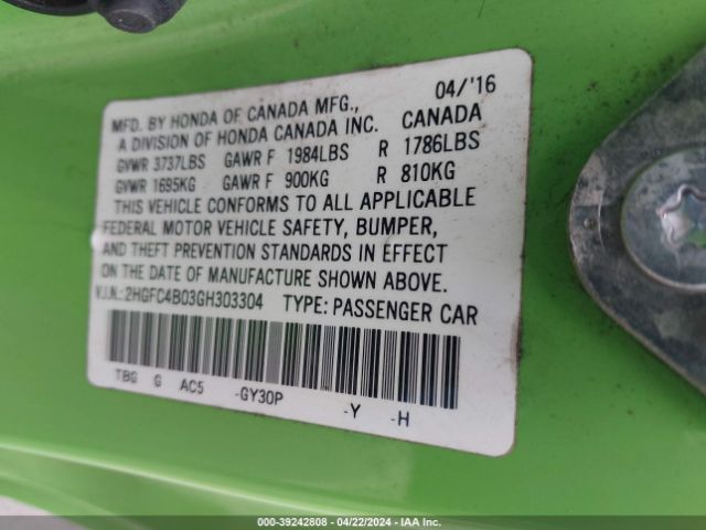2HGFC4B03GH303304 Honda Civic Lx-p
