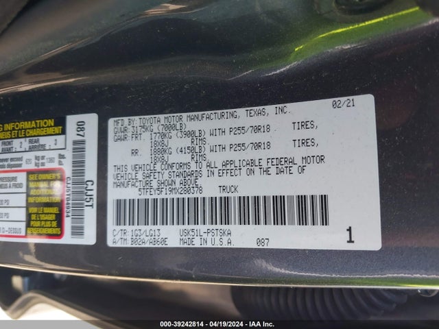 Toyota Tundra Sr5 2021 5TFEY5F19MX280378 Image 9