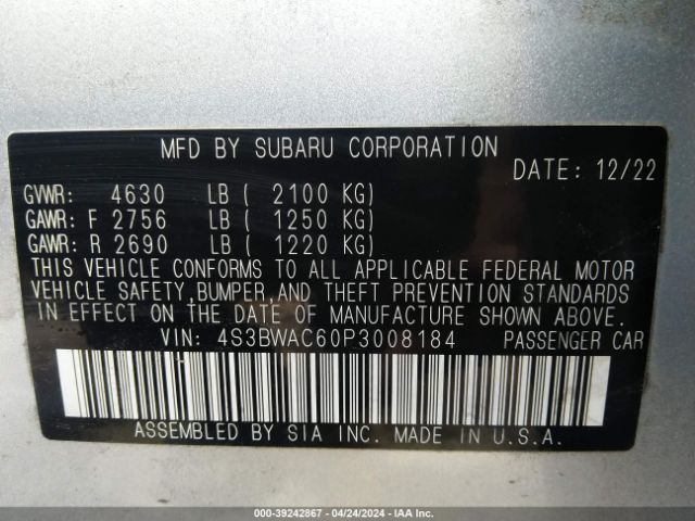 4S3BWAC60P3008184 Subaru Legacy Premium