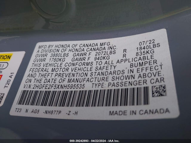 Honda Civic Sport 2022 2HGFE2F5XNH595535 Image 9