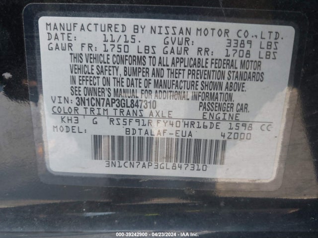 Nissan Versa 1.6 S 2016 3N1CN7AP3GL847310 Image 9