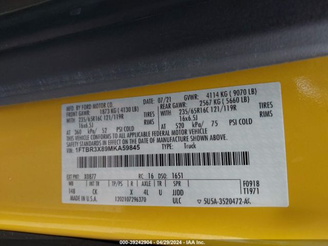 1FTBR3X89MKA59845 Ford Transit-250 Cargo Van