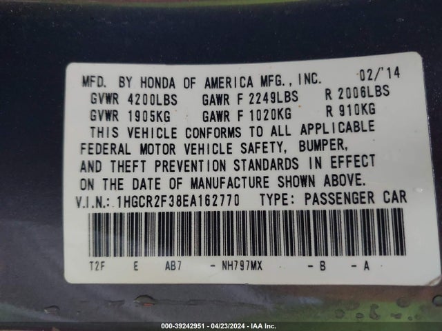 Honda ACCORD LX 2014 1HGCR2F38EA162770 Image 9