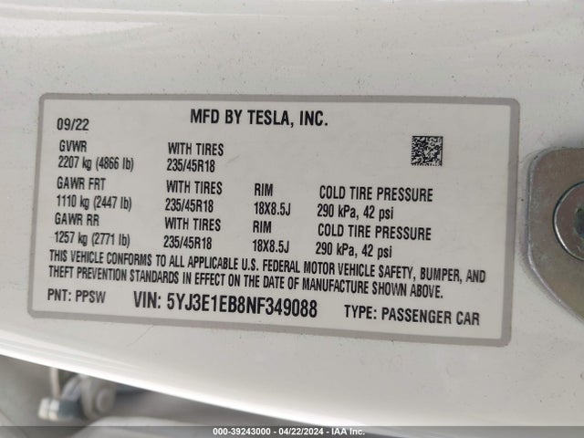 5YJ3E1EB8NF349088 Tesla Model 3 Long Range Dual Motor All-wheel Drive