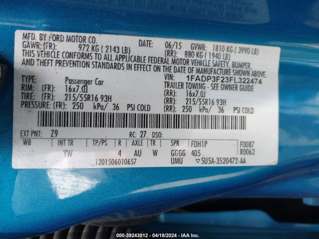 Ford FOCUS SE 2015 1FADP3F23FL322474 Image 9