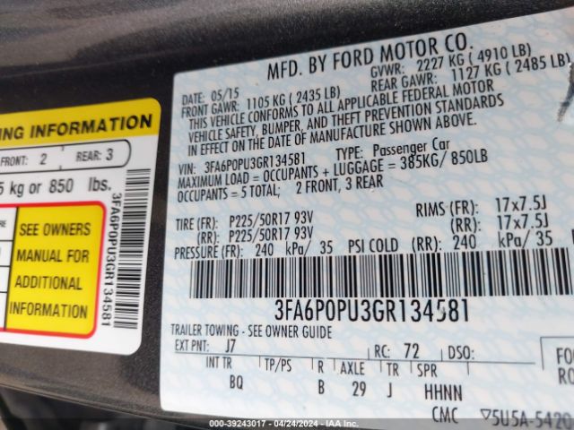 3FA6P0PU3GR134581 Ford Fusion Energi Se Luxury