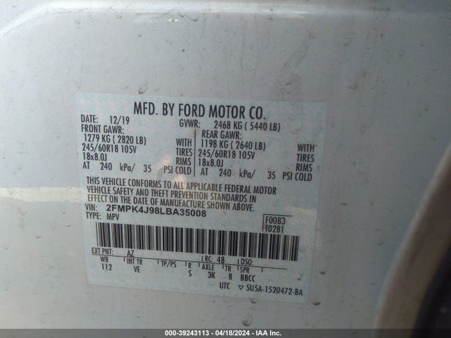 Ford EDGE SEL 2020 2FMPK4J98LBA35008 Image 9