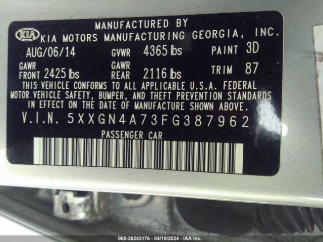 5XXGN4A73FG387962 KIA OPTIMA EX