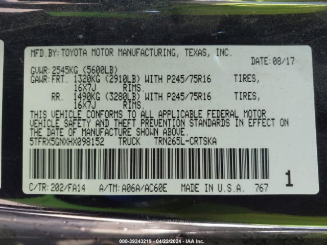 5TFRX5GNXHX098152 Toyota Tacoma Sr