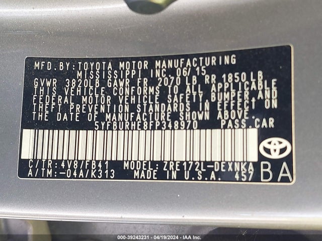 Toyota COROLLA LE 2015 5YFBURHE8FP348970 Image 9