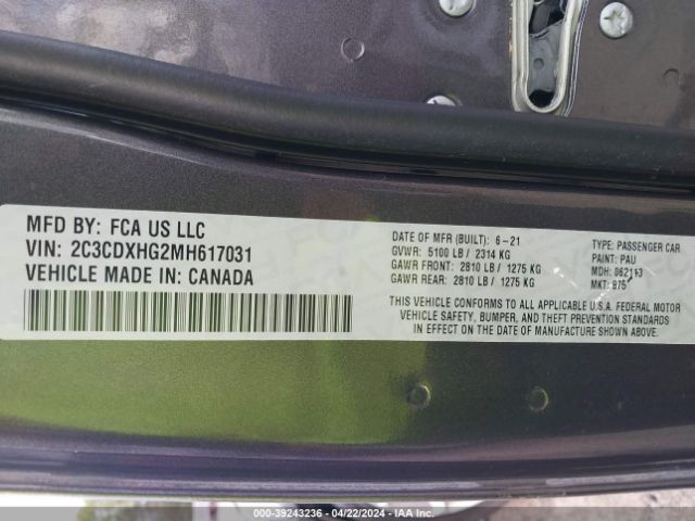 2C3CDXHG2MH617031 Dodge Charger Gt Rwd
