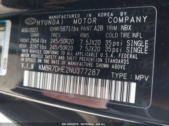 KM8R7DHE2NU377287 Hyundai Palisade Calligraphy