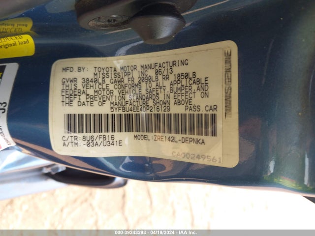 Aukcja sprzedaży 2013 Toyota Corolla Le, vin: 5YFBU4EE4DP216129, numer aukcji: 39243293