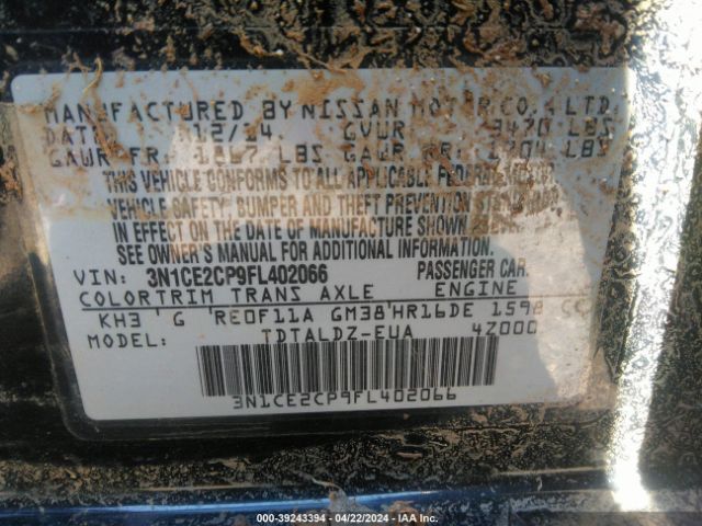 3N1CE2CP9FL402066 Nissan Versa Note S (sr)/s Plus/sl/sr/sv