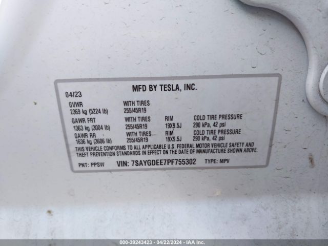 7SAYGDEE7PF755302 Tesla Model Y Awd/long Range Dual Motor All-wheel Drive