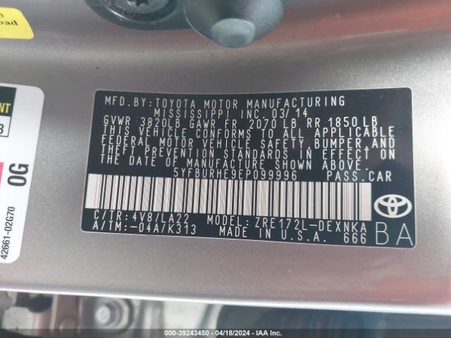 5YFBURHE9EP099996 Toyota Corolla Le Premium