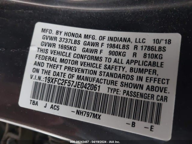 Honda Civic Lx 2018 19XFC2F57JE042061 Image 9