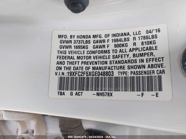 Honda Civic Lx 2016 19XFC2F5XGE048803 Image 9