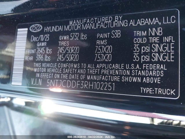 5NTJCDDF3RH102251 Hyundai Santa Cruz Night