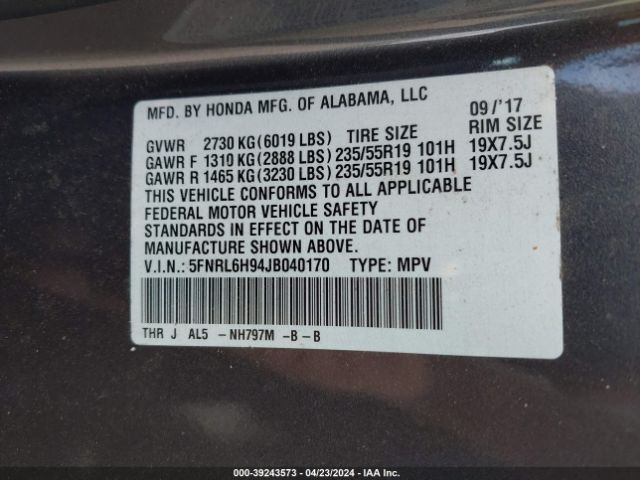 5FNRL6H94JB040170 Honda Odyssey Elite