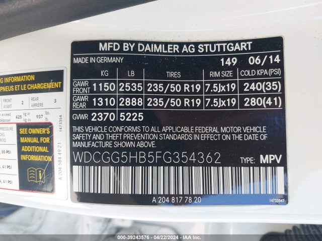 WDCGG5HB5FG354362 Mercedes-Benz GLK 350