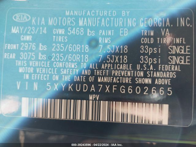 5XYKUDA7XFG602665 KIA Sorento Ex V6