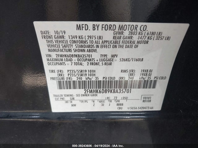 Ford Flex Limited 2019 2FMHK6D89KBA35701 Image 9
