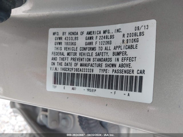 Honda ACCORD LX 2014 1HGCR2F36EA033328 Image 9