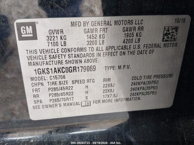 1GKS1AKC0GR179069 GMC YUKON SLE