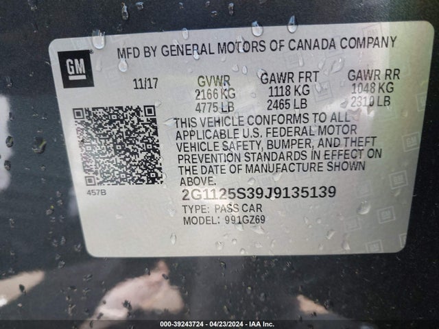 Chevrolet IMPALA 2LZ 2018 2G1125S39J9135139 Image 9