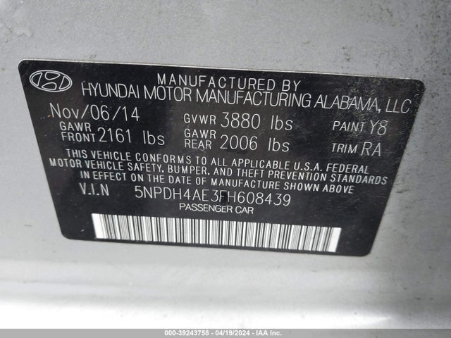 Hyundai ELANTRA SE 2015 5NPDH4AE3FH608439 Image 9