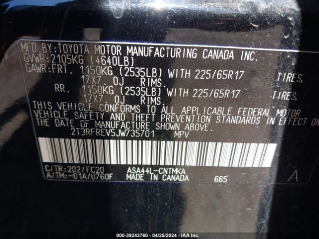 2T3RFREV5JW735701 Toyota Rav4 Xle