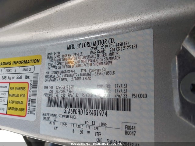 Ford FUSION SE 2016 3FA6P0HD1GR401974 Image 9