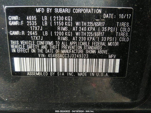 Subaru Outback 2.5i Premium 2018 4S4BSACC3J3249323 Image 9