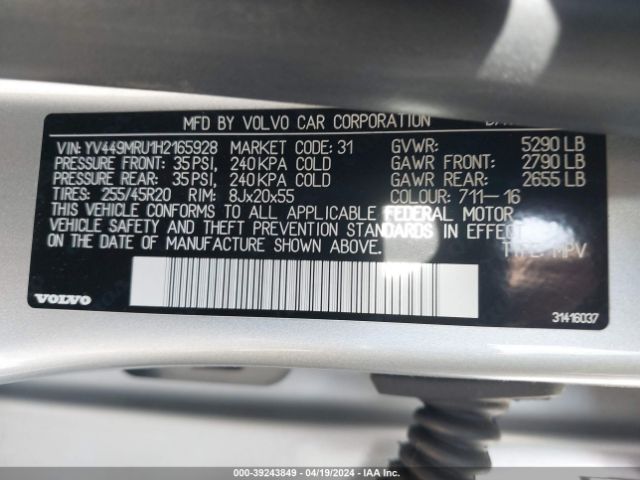 YV449MRU1H2165928 Volvo Xc60 T6 Inscription