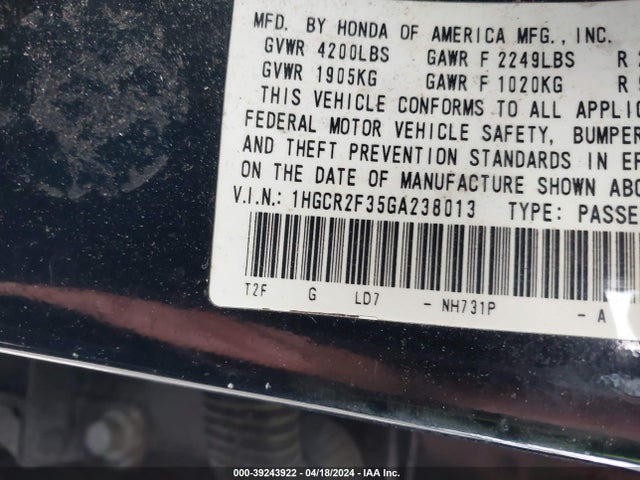 Honda ACCORD LX 2016 1HGCR2F35GA238013 Image 9