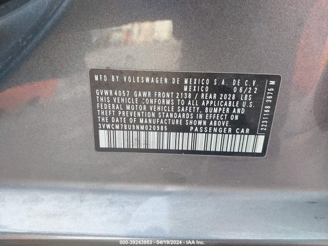3VWCM7BU9NM020985 Volkswagen Jetta 1.5t S