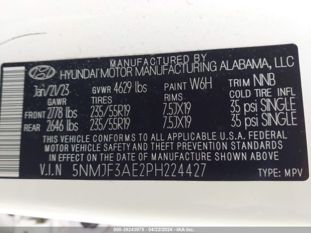 5NMJF3AE2PH224427 Hyundai TUCSON SEL