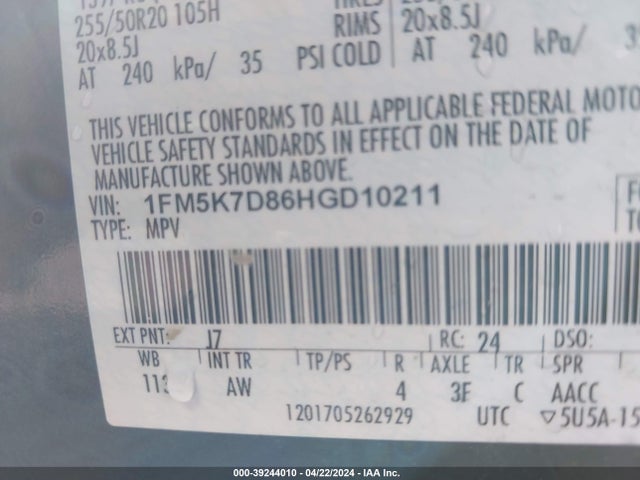 Ford EXPLORER XLT 2017 1FM5K7D86HGD10211 Image 9