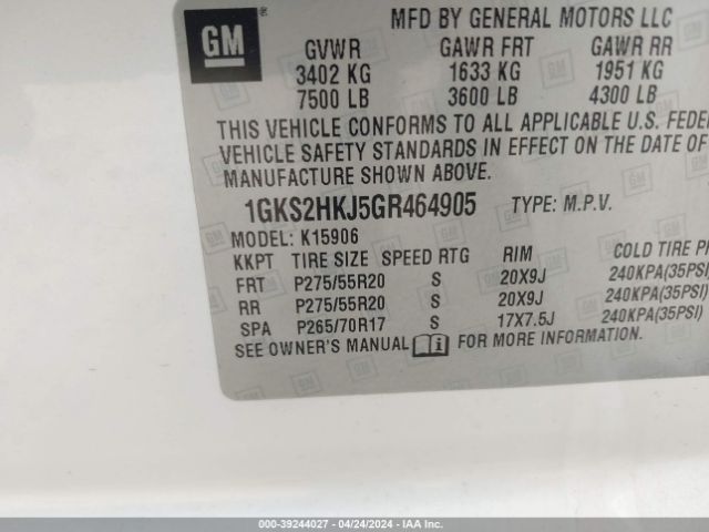 1GKS2HKJ5GR464905 GMC YUKON XL DENALI