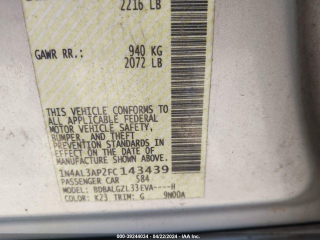 Nissan Altima 2.5 S 2015 1N4AL3AP2FC143439 Image 9